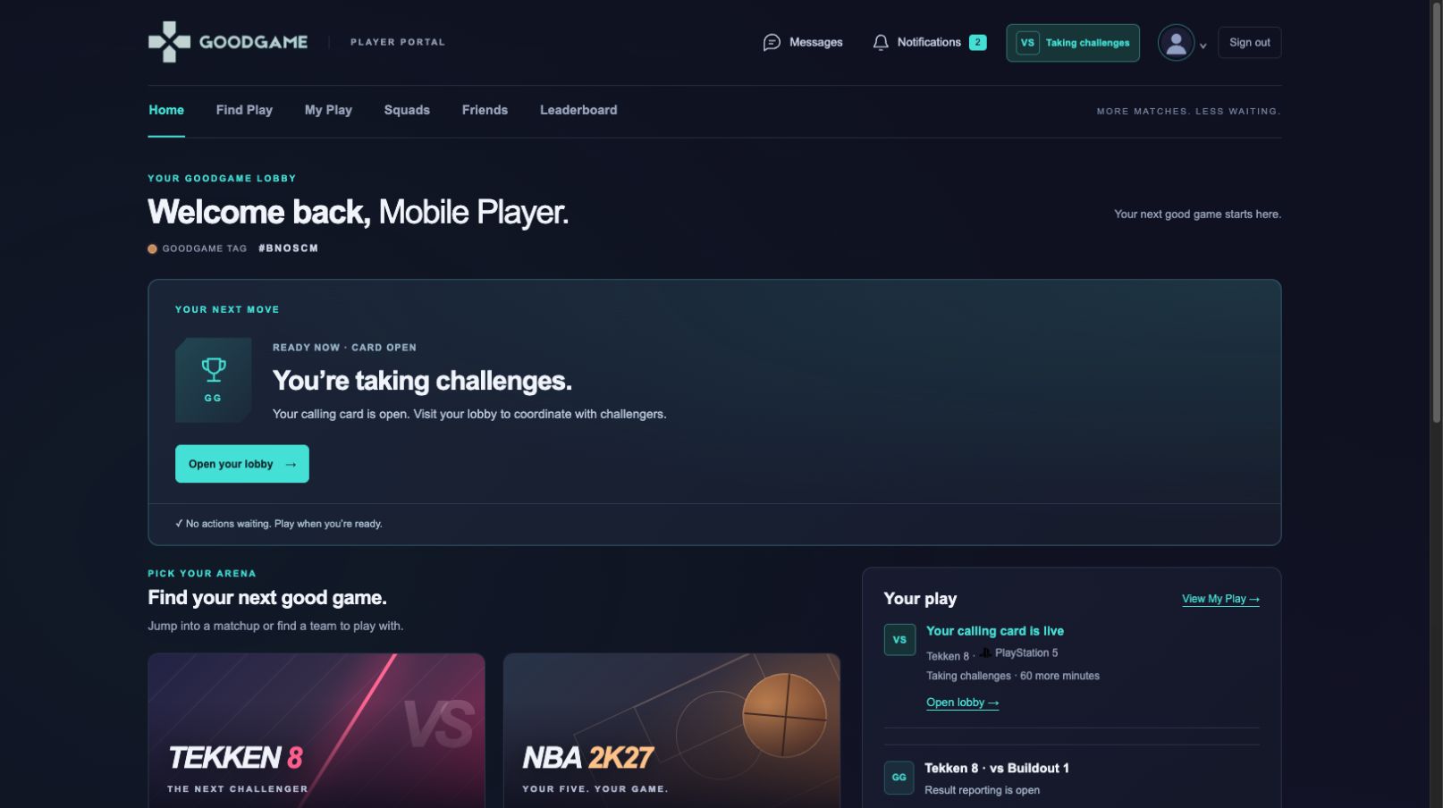 Actual GoodGame Portal Home showing a Ready Now lobby, game choices and a live calling-card panel with sample account activity.